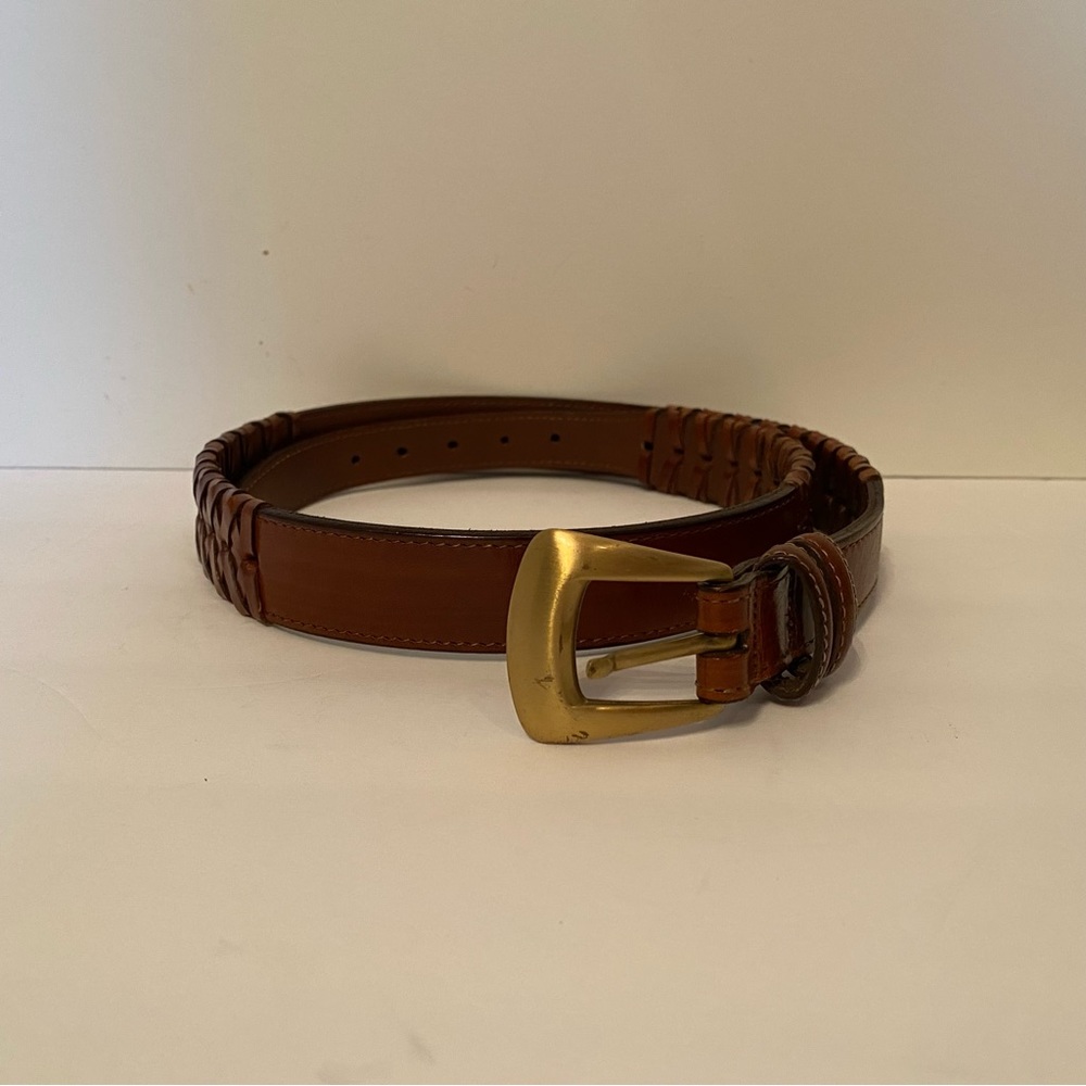 TORINO BELT BROWN LEATHER WOVEN & SMOOTH USA GOLD TONE ITALY BUCKLE SIZE 38